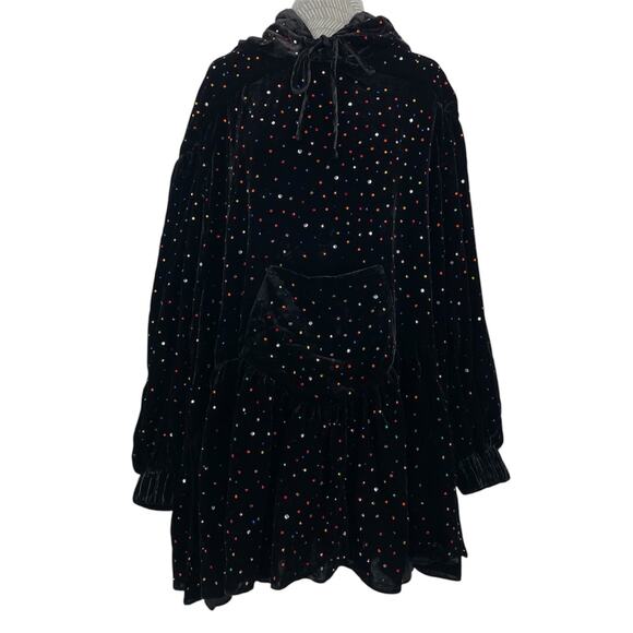 NEW Farm Rio x Alix Black Velvet Long Sleeve Mini Dress Hooded Gemstones Size L - Picture 1 of 16